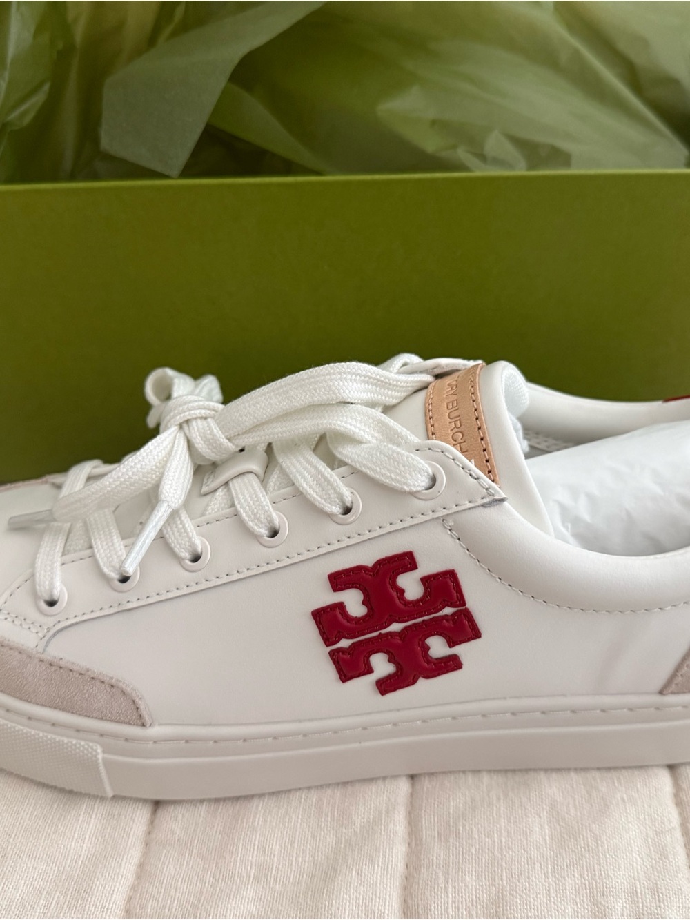Tory Burch White Leather Sneakers with Red Logo Accent - Picture 3 of 4